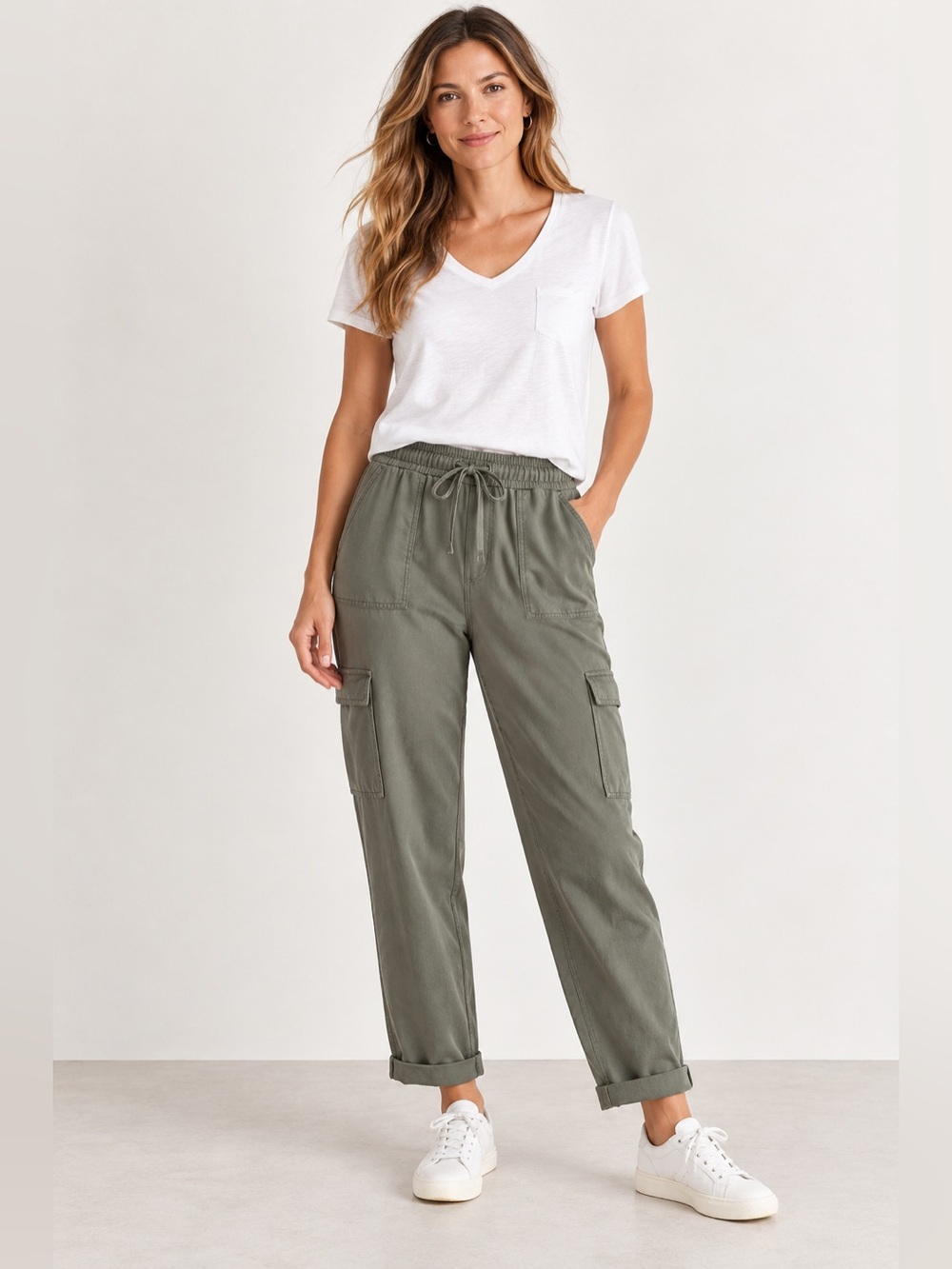 J. Jill Knit Utility Cargo Drawstring Joggers S Olive Green Casual Travel Lounge